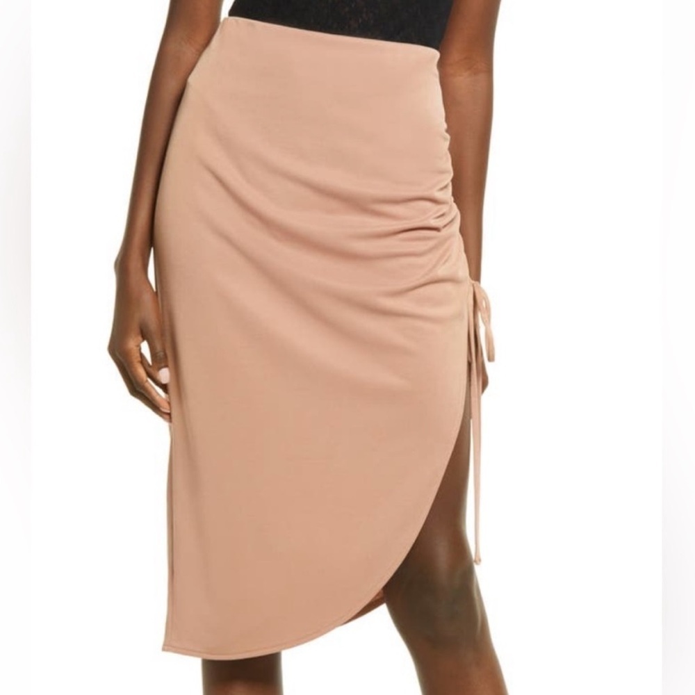 Open Edit Side Gather Pull On Midi Skirt Women’s L Tan Beige